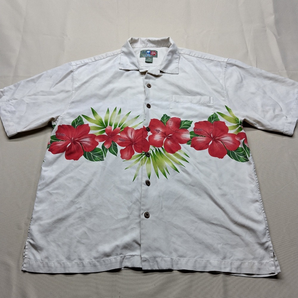 Hilo Hattie Mens Silk Hawaiian Shirt M White Red Hibiscus Floral Aloha Shirt